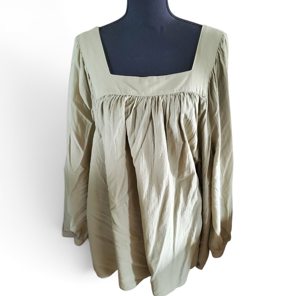 Terra & Sky Womens 2X Olive Green Cotton Square Neck Long Sleeve Blouse  Peasant